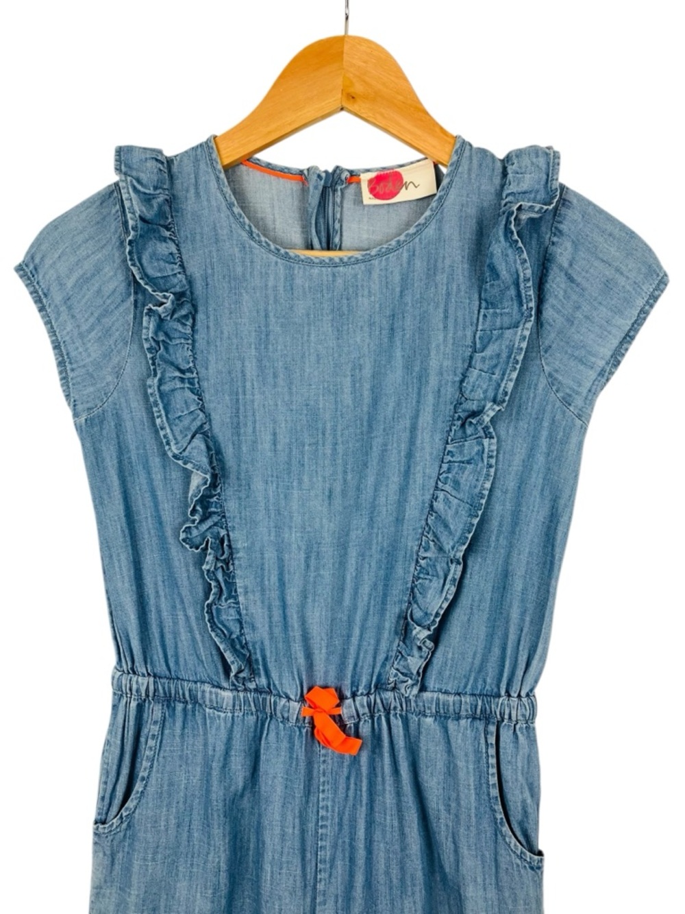 Mini Boden Girls 9/10 Chambray Jumpsuit Light Wash Denim Romper Ruffles Pockets